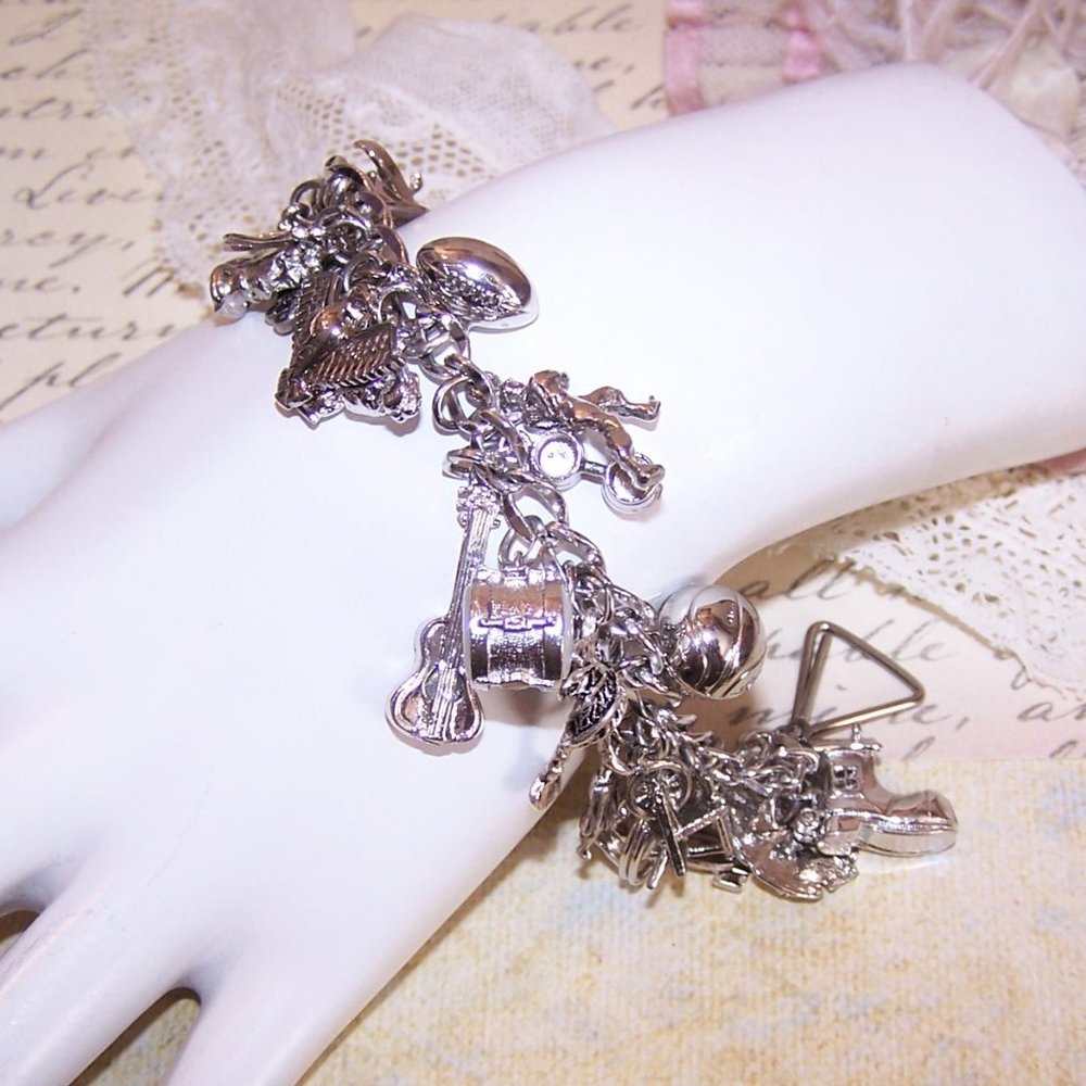 Single Link Sterling Silver Charm Bracelet Loaded with 42 Different Charms